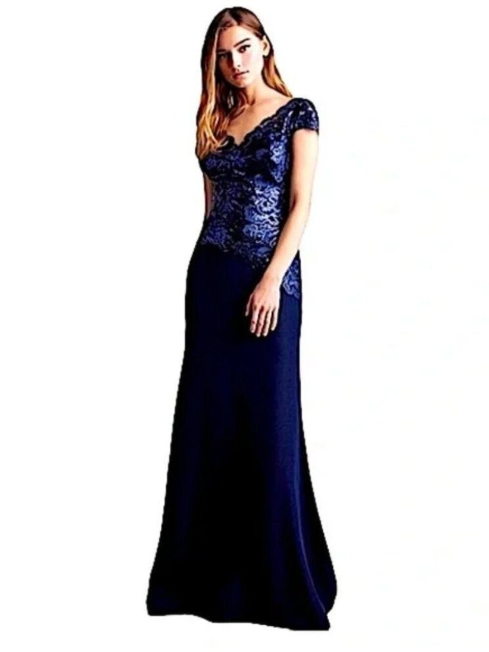 Tadashi Shoji Alvaro Sequin Embroidered Floral Lace Crepe Evening Gown Size 8